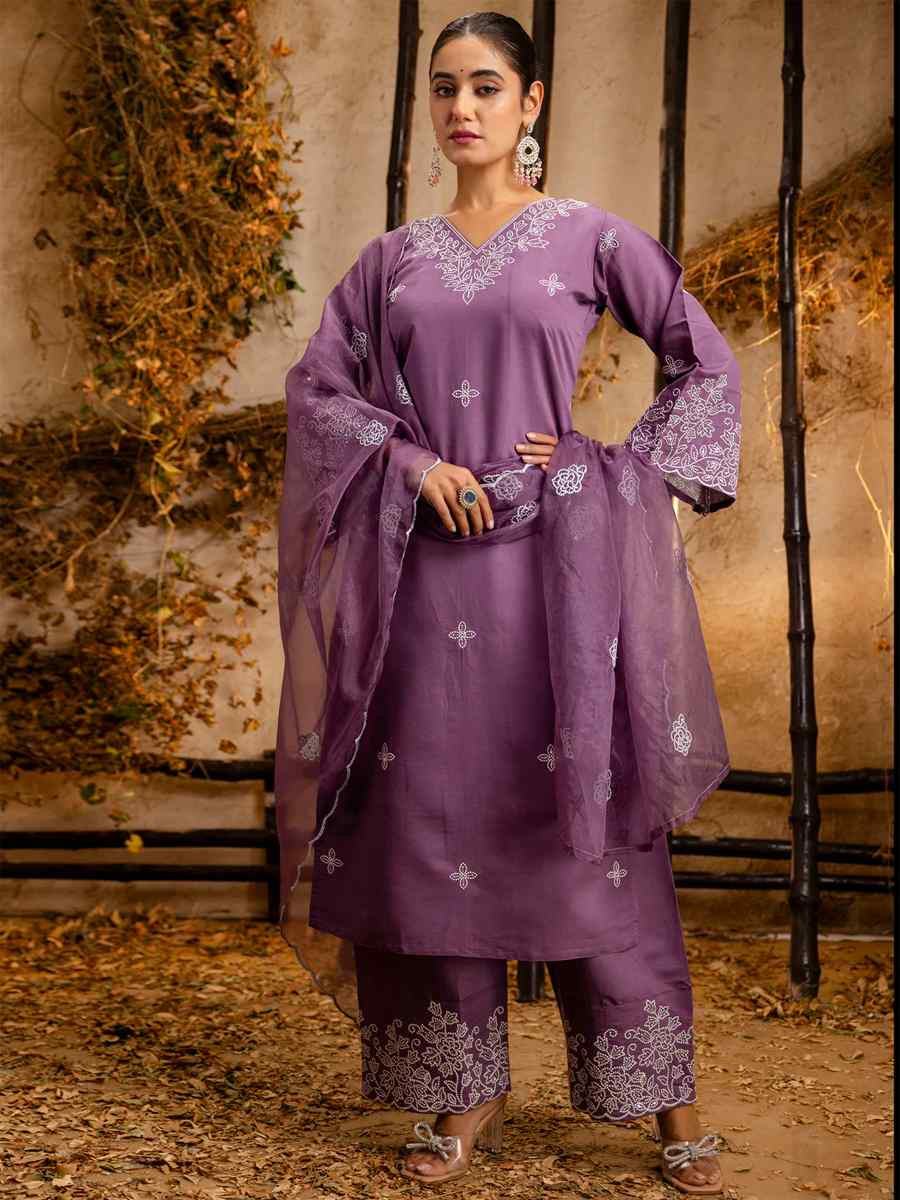 Lavender Silk Blend Embroidered Festival Wedding Ready Pant Salwar Kameez