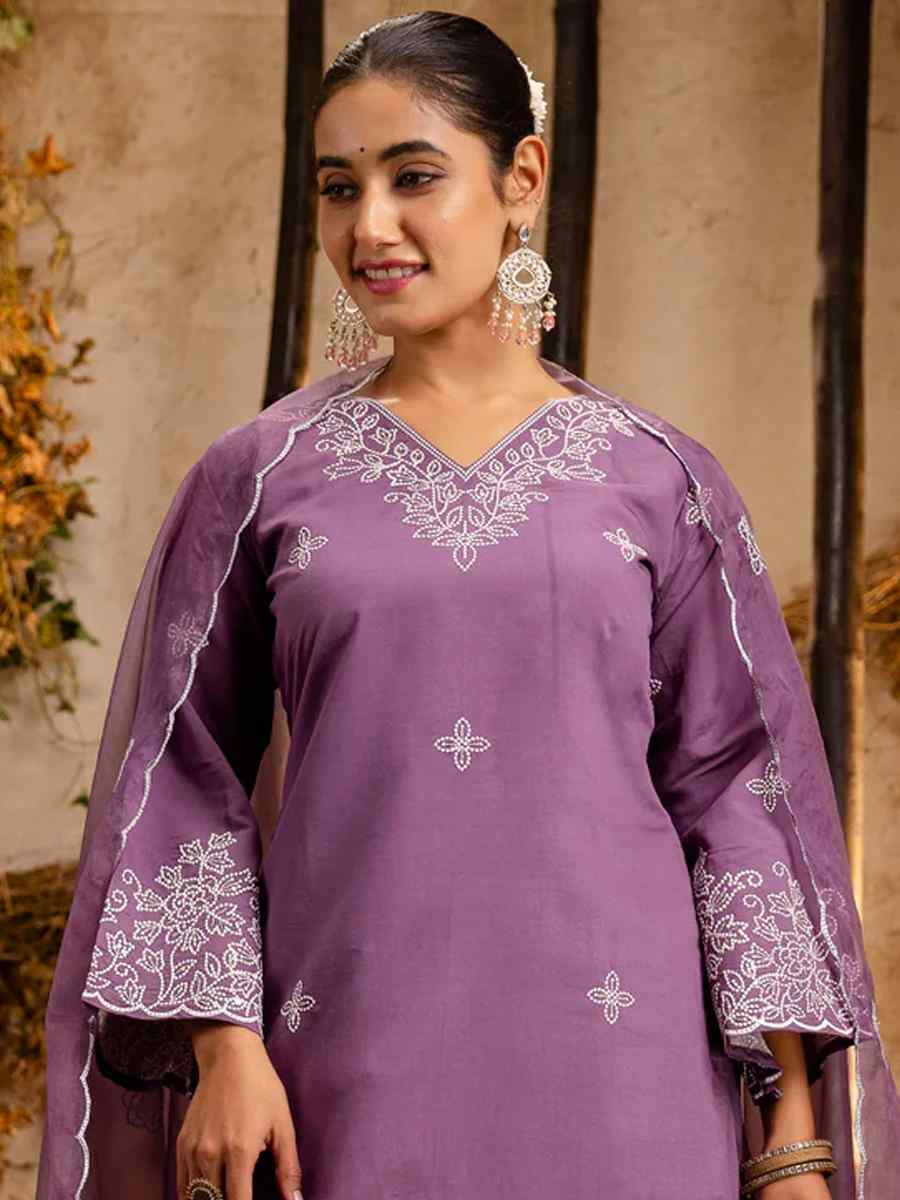 Lavender Silk Blend Embroidered Festival Wedding Ready Pant Salwar Kameez