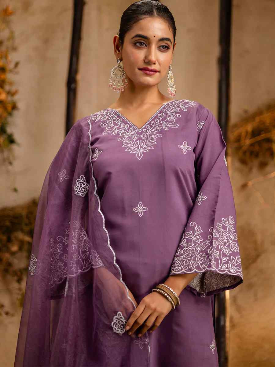 Lavender Silk Blend Embroidered Festival Wedding Ready Pant Salwar Kameez