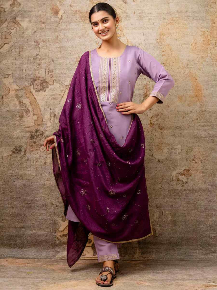 Lavender Silk Blend Embroidered Mehendi Wedding Ready Pant Salwar Kameez