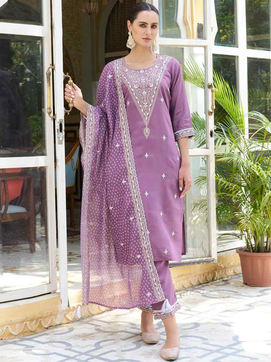 Lavender Silk Blend Embroidered Party Casual Ready Pant Salwar Kameez