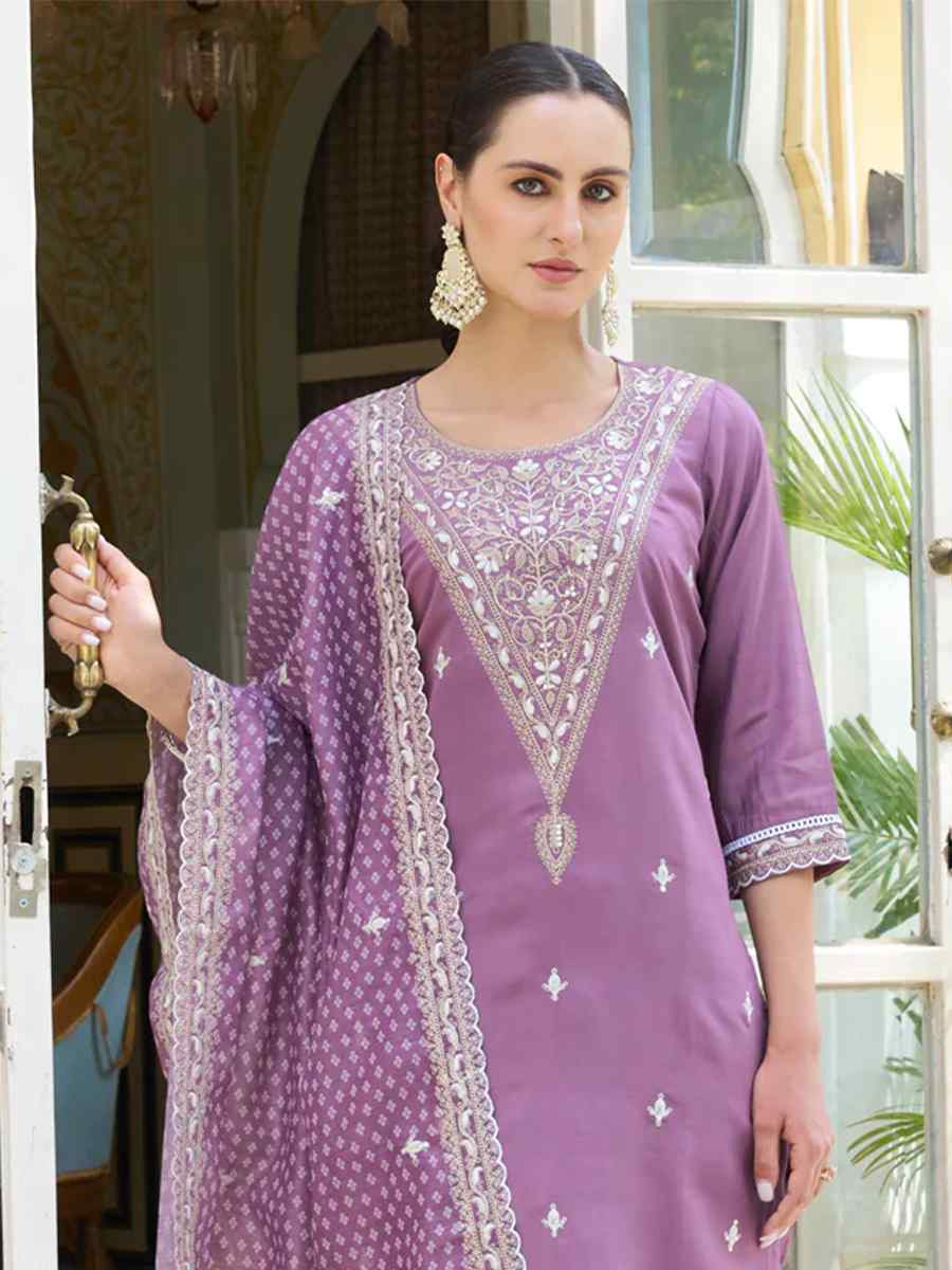 Lavender Silk Blend Embroidered Party Casual Ready Pant Salwar Kameez