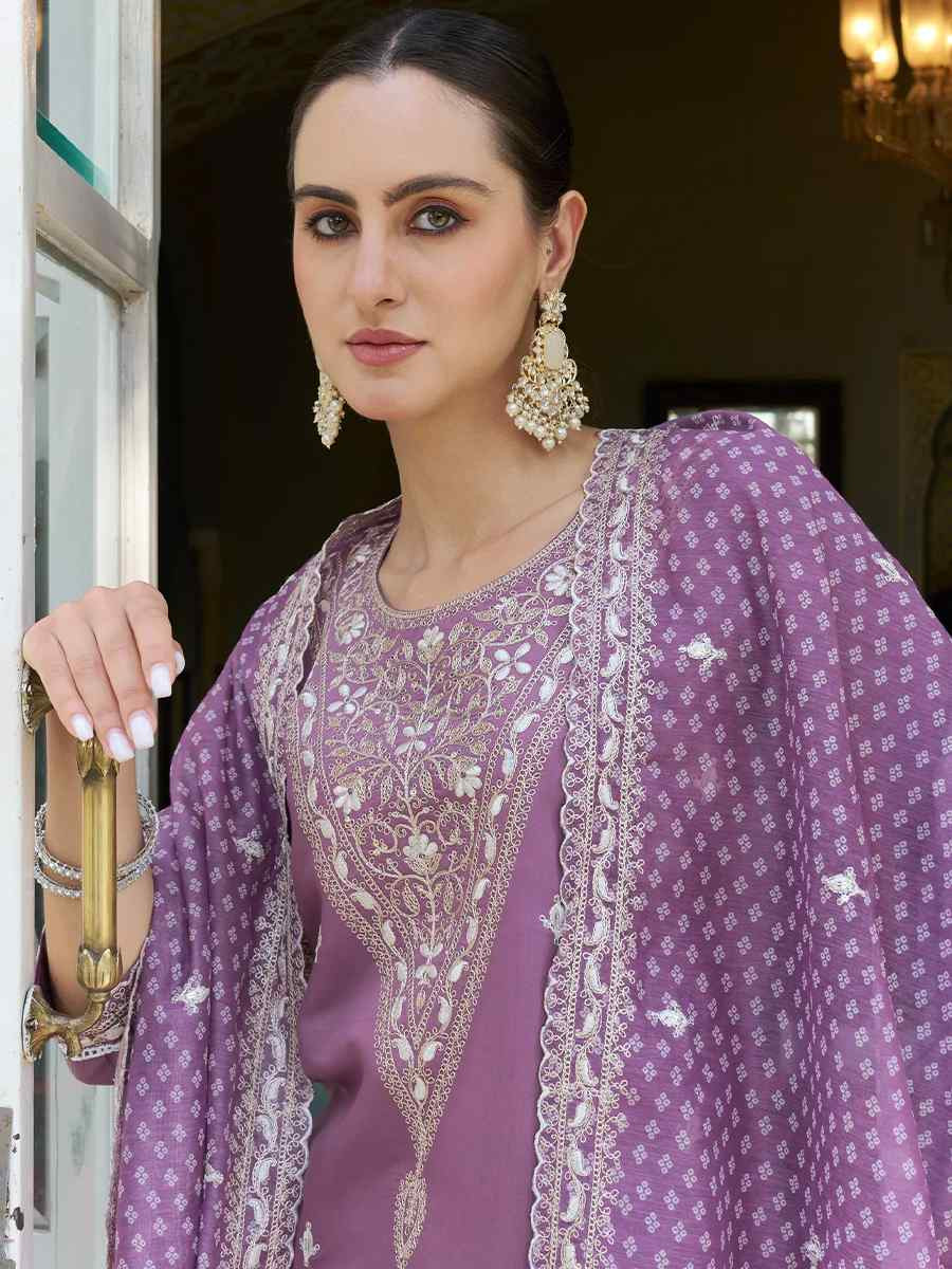 Lavender Silk Blend Embroidered Party Casual Ready Pant Salwar Kameez