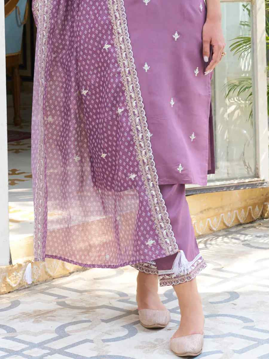 Lavender Silk Blend Embroidered Party Casual Ready Pant Salwar Kameez