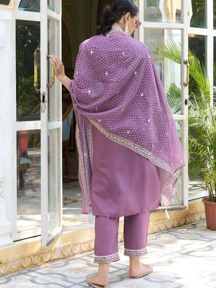 Lavender Silk Blend Embroidered Party Casual Ready Pant Salwar Kameez