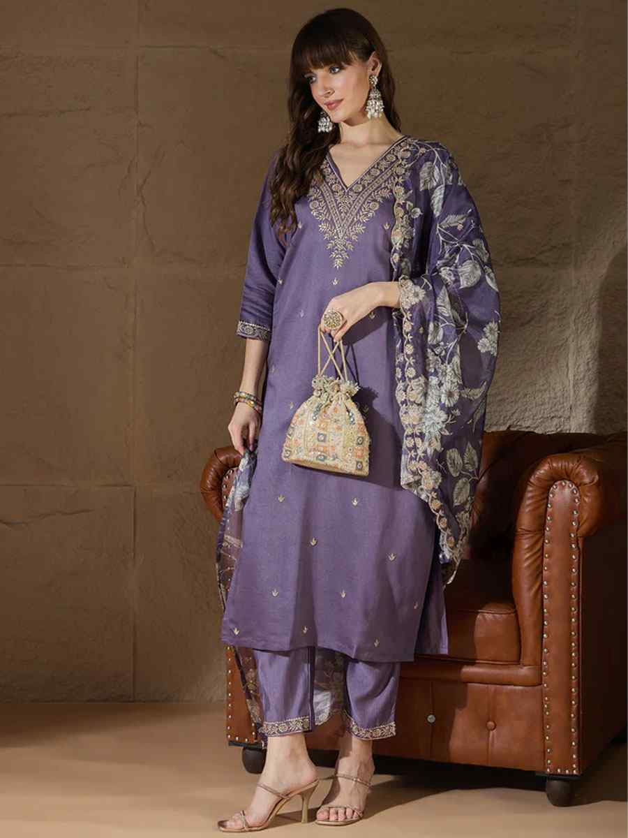 Lavender Silk Blend Embroidery Party Wedding Festival Casual Ready Pant Salwar Kameez