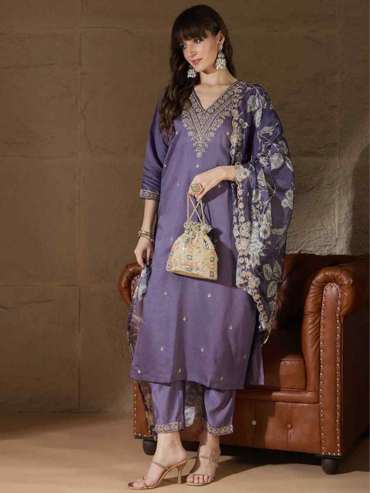 Image of Lavender Silk Blend Embroidery Party Wedding Festival Casual Ready Pant Salwar Kameez
