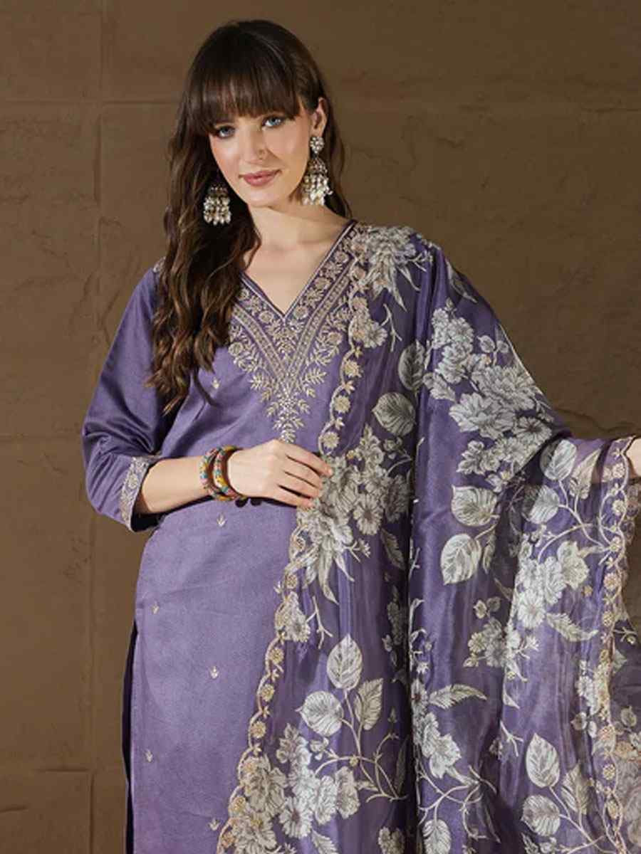 Lavender Silk Blend Embroidery Party Wedding Festival Casual Ready Pant Salwar Kameez