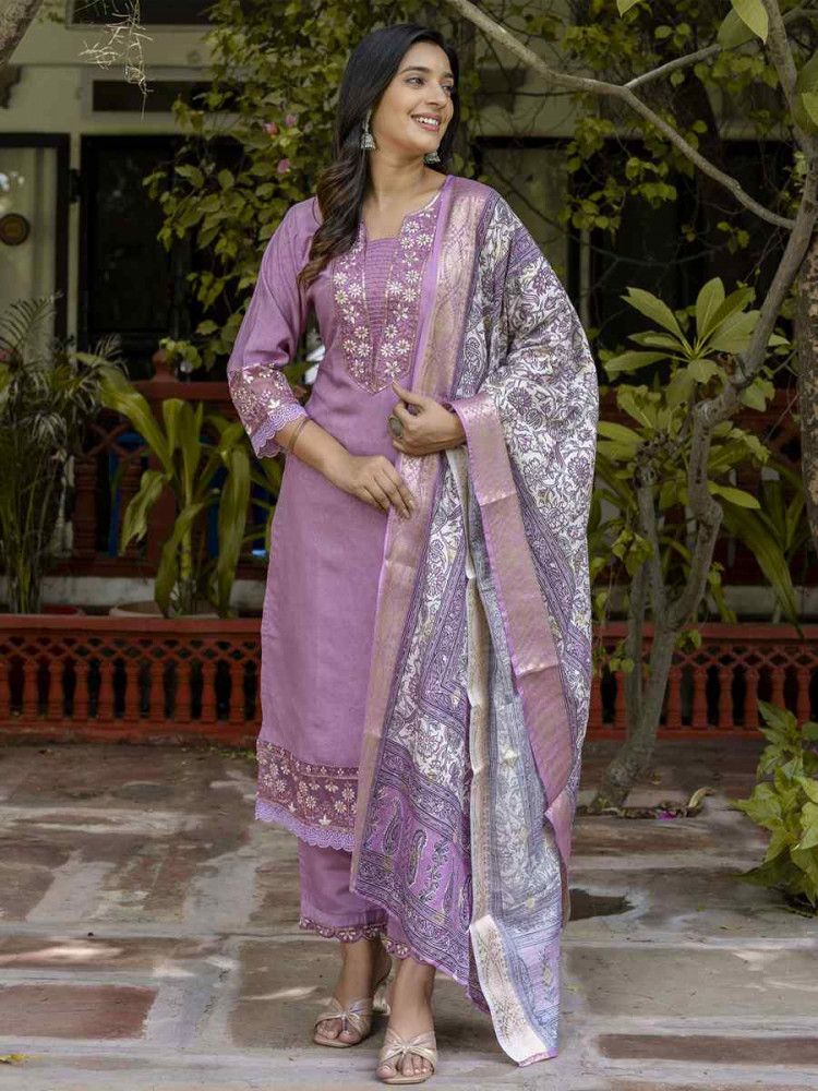 Image of Lavender Silk Blend Embroidery Party Wedding Festival Casual Ready Pant Salwar Kameez