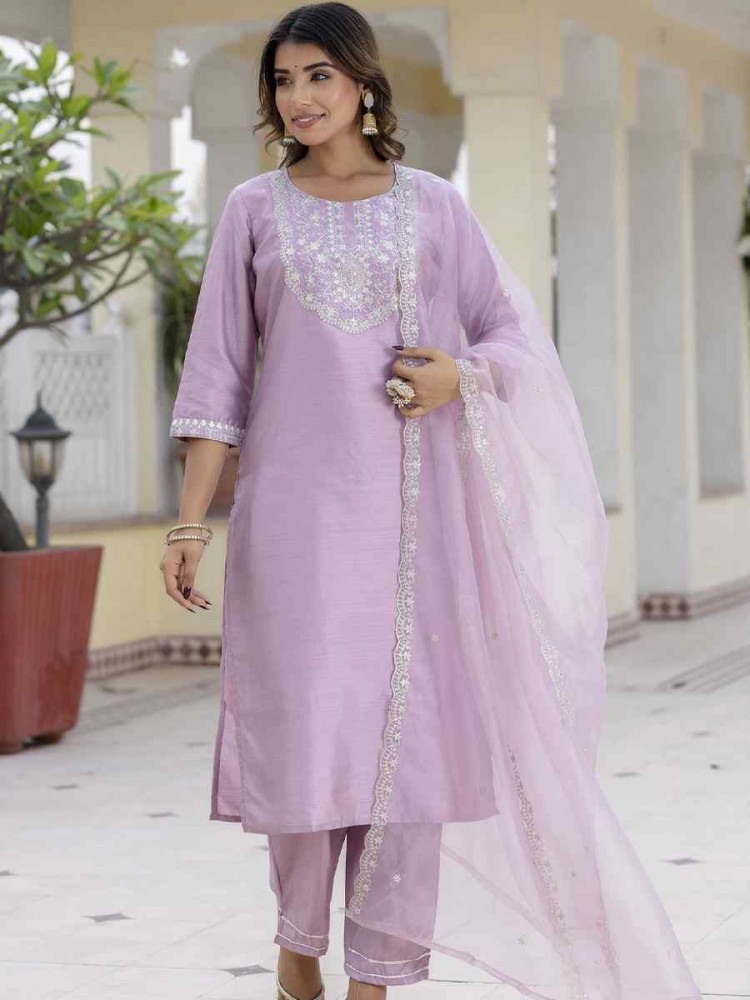 Image of Lavender Silk Blend Embroidery Party Wedding Festival Casual Ready Pant Salwar Kameez