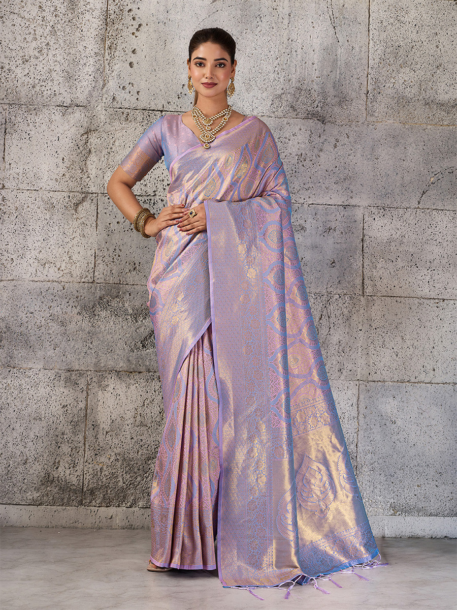 Lavender Silk Blend Kanjivaram Wedding Reception Party Festival Casual Heavy Border Sarees