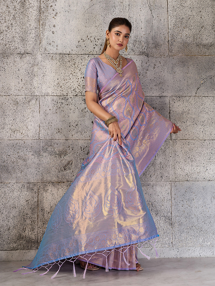 Lavender Silk Blend Kanjivaram Wedding Reception Party Festival Casual Heavy Border Sarees