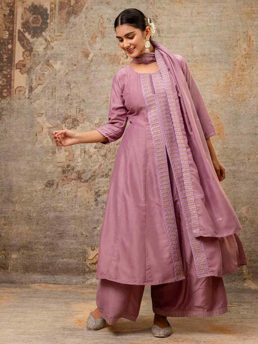 Lavender Silk BlendEmbroidered Casual Festival Ready Palazzo Pant Salwar Kameez
