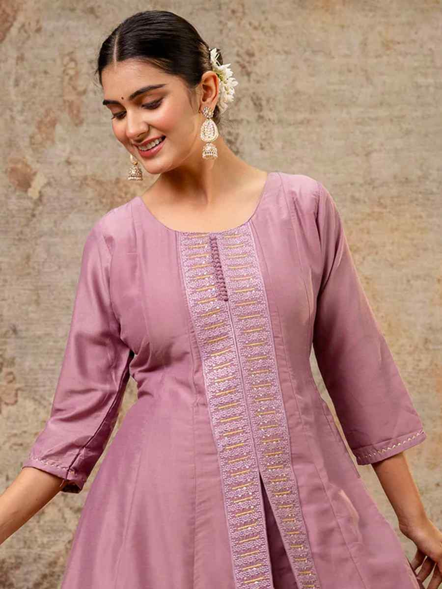 Lavender Silk BlendEmbroidered Casual Festival Ready Palazzo Pant Salwar Kameez