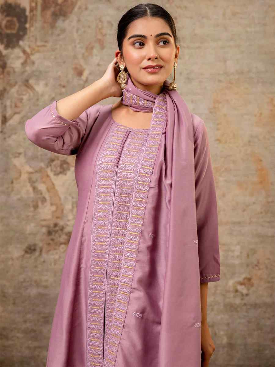 Lavender Silk BlendEmbroidered Casual Festival Ready Palazzo Pant Salwar Kameez