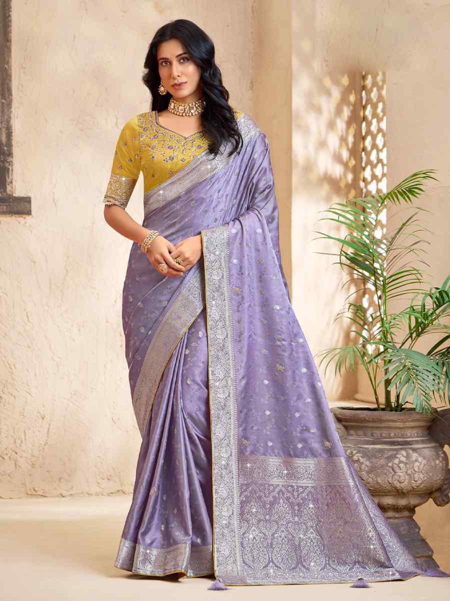 Lavender Silk Embroidered Festival Wedding Fancy Heavy Border Saree