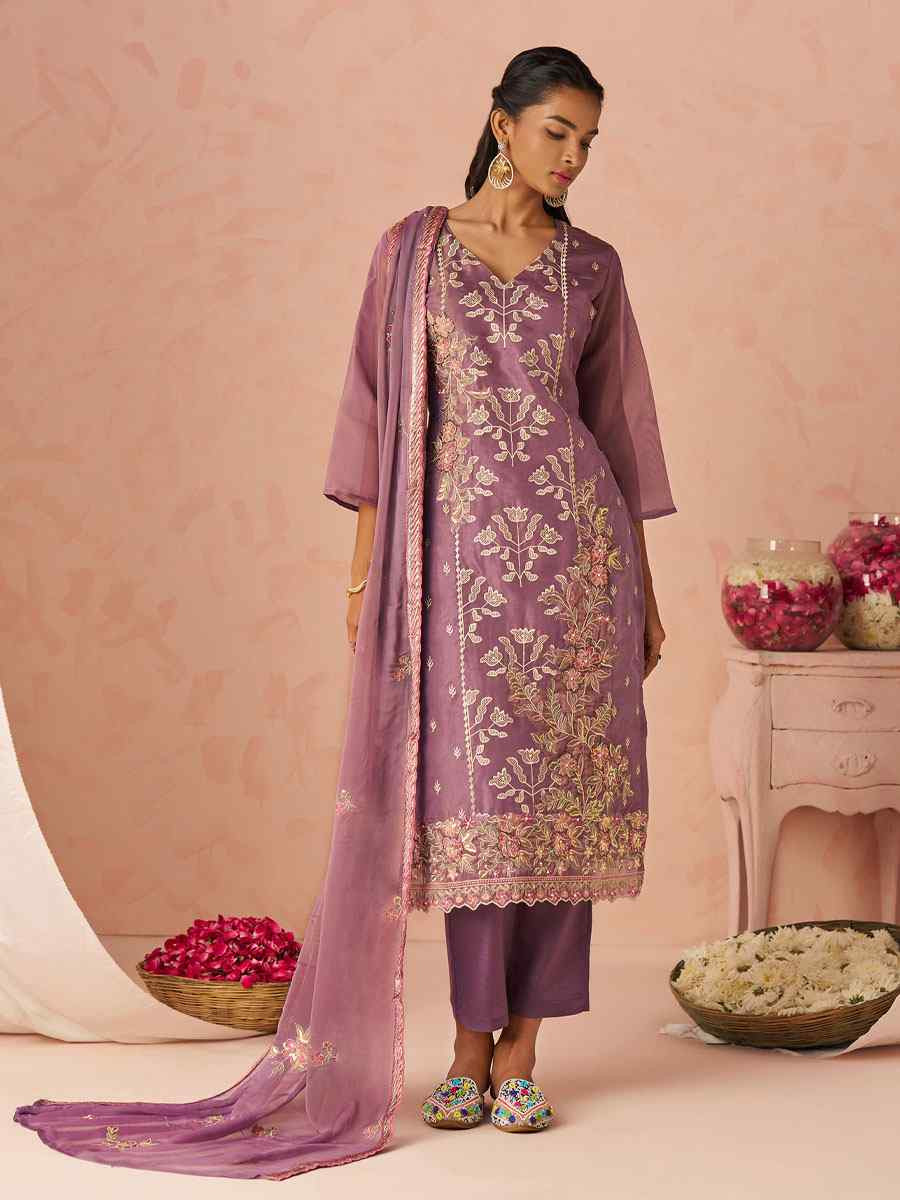Lavender Silk Embroidered Party Wedding Ready Pant Salwar Kameez