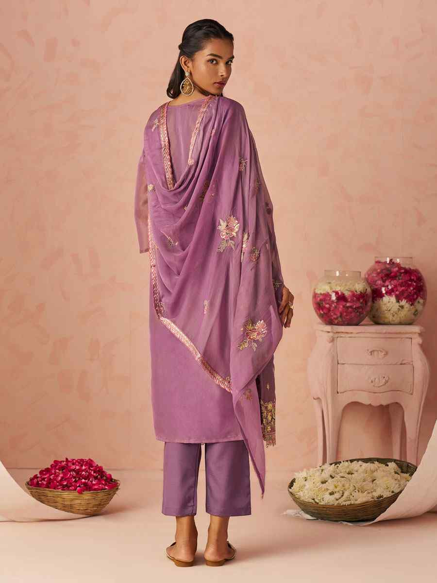Lavender Silk Embroidered Party Wedding Ready Pant Salwar Kameez