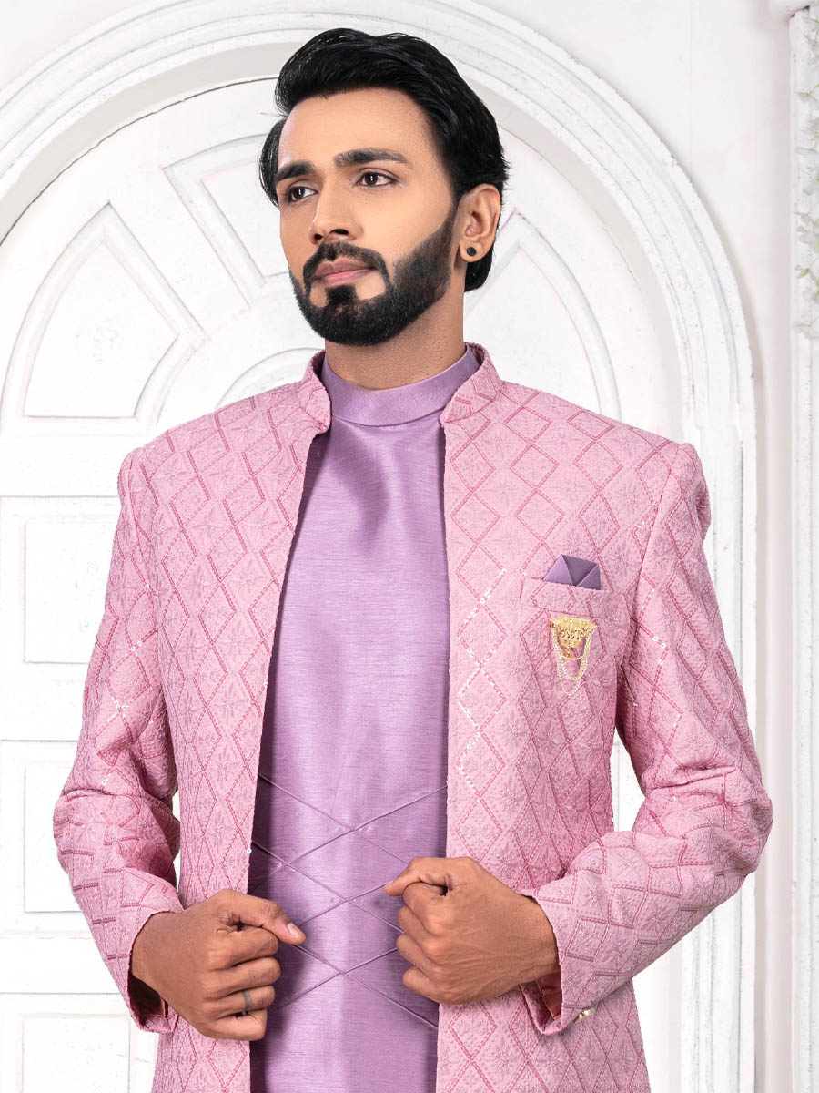 Lavender Silk Embroidered Wedding Groom Sherwani