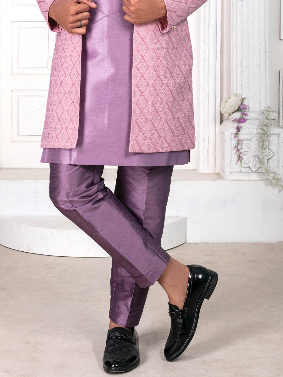 Lavender Silk Embroidered Wedding Groom Sherwani