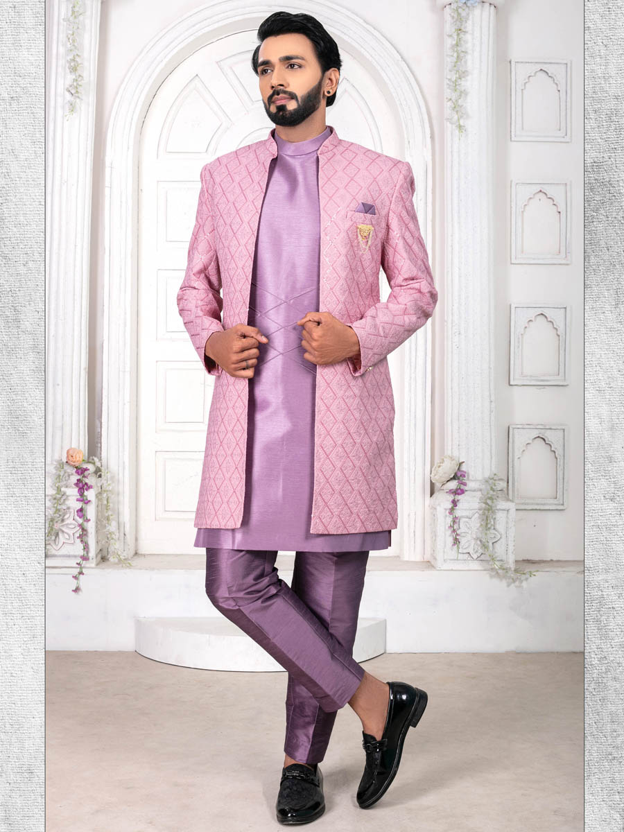 Lavender Silk Embroidered Wedding Groom Sherwani