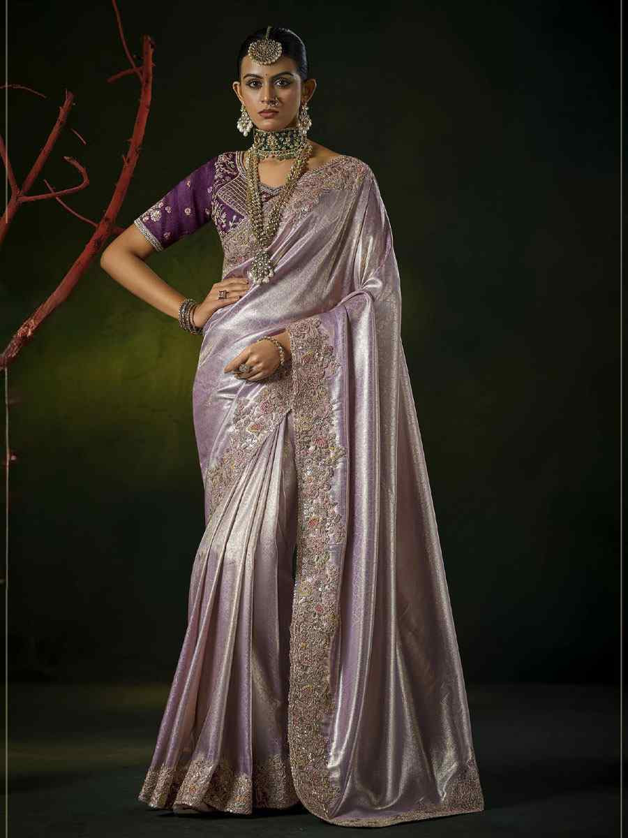 Lavender Silk Embroidery Traditional Bridal Reception Festival Wedding Fancy Heavy Border Saree