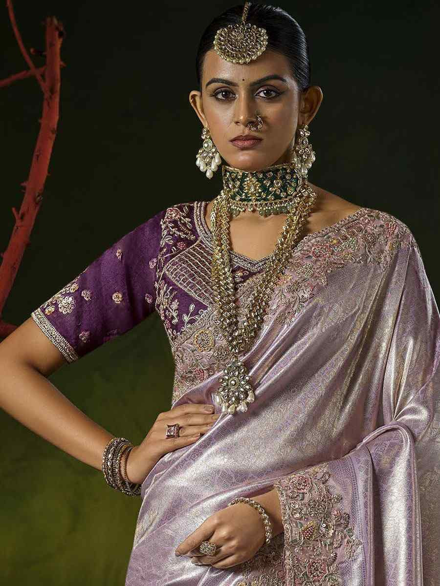 Lavender Silk Embroidery Traditional Bridal Reception Festival Wedding Fancy Heavy Border Saree