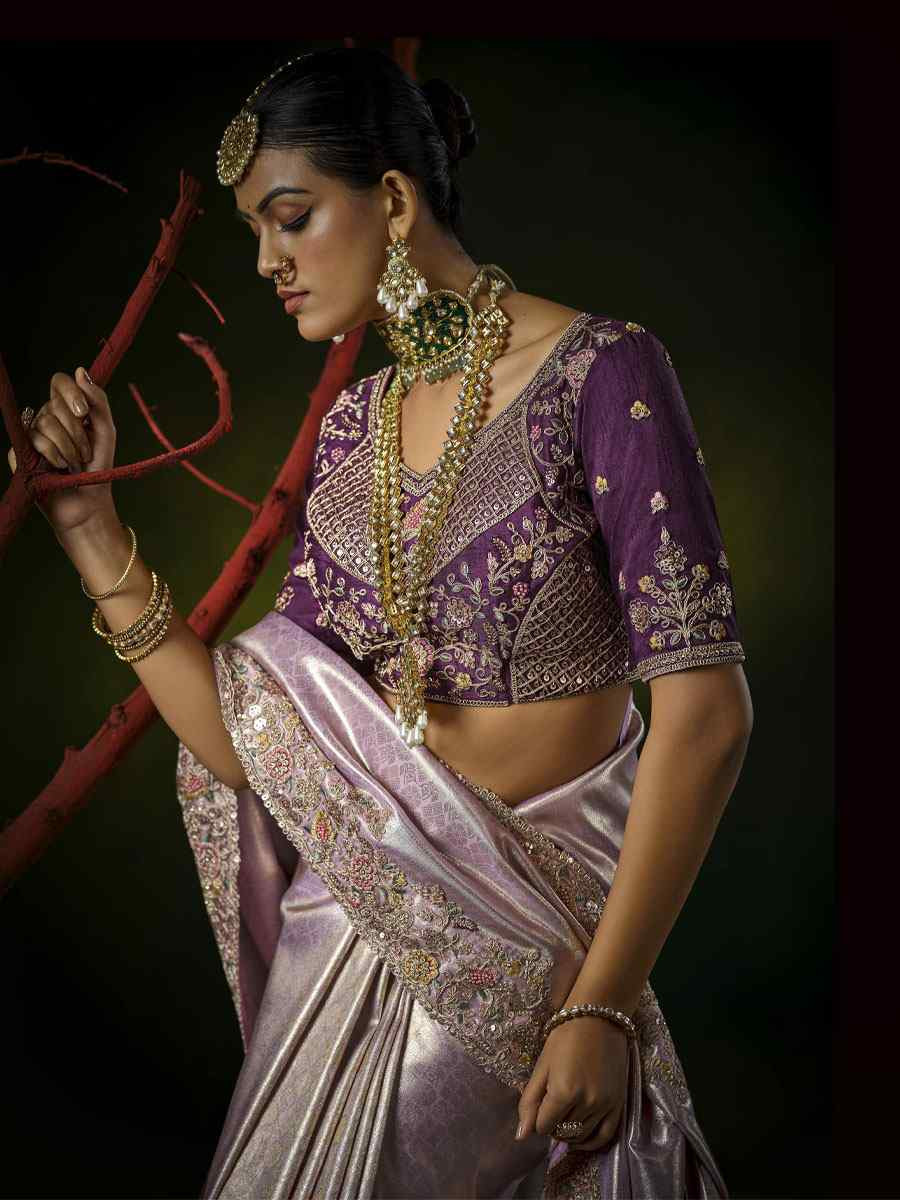Lavender Silk Embroidery Traditional Bridal Reception Festival Wedding Fancy Heavy Border Saree