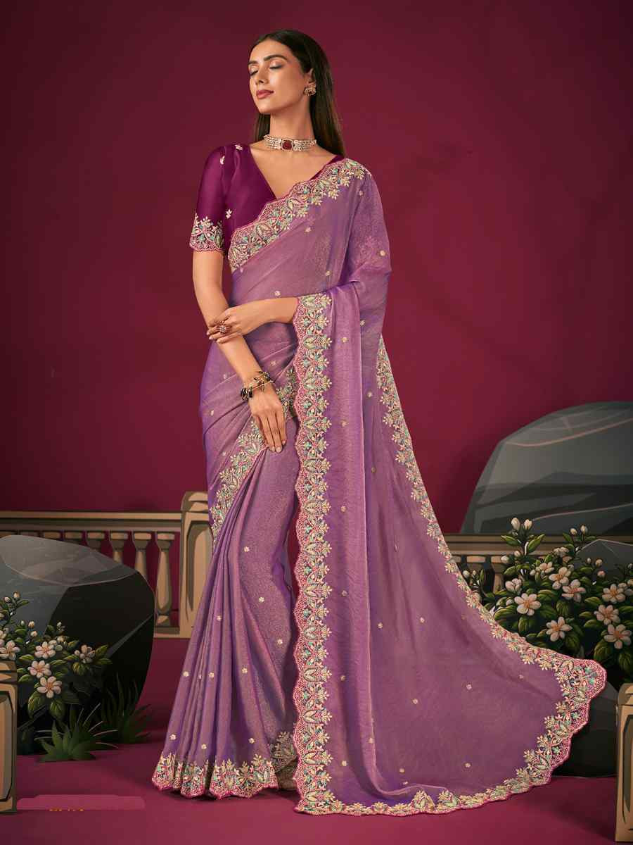 Lavender Silk Embroidery Traditional Bridal Reception Festival Wedding Fancy Heavy Border Saree
