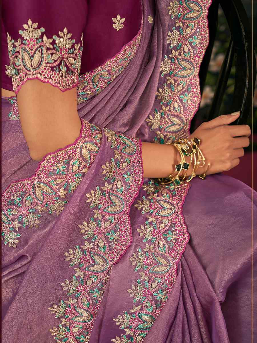 Lavender Silk Embroidery Traditional Bridal Reception Festival Wedding Fancy Heavy Border Saree