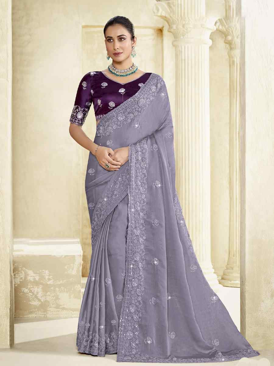 Lavender Silk Embroidery Traditional Bridal Reception Festival Wedding Fancy Heavy Border Saree