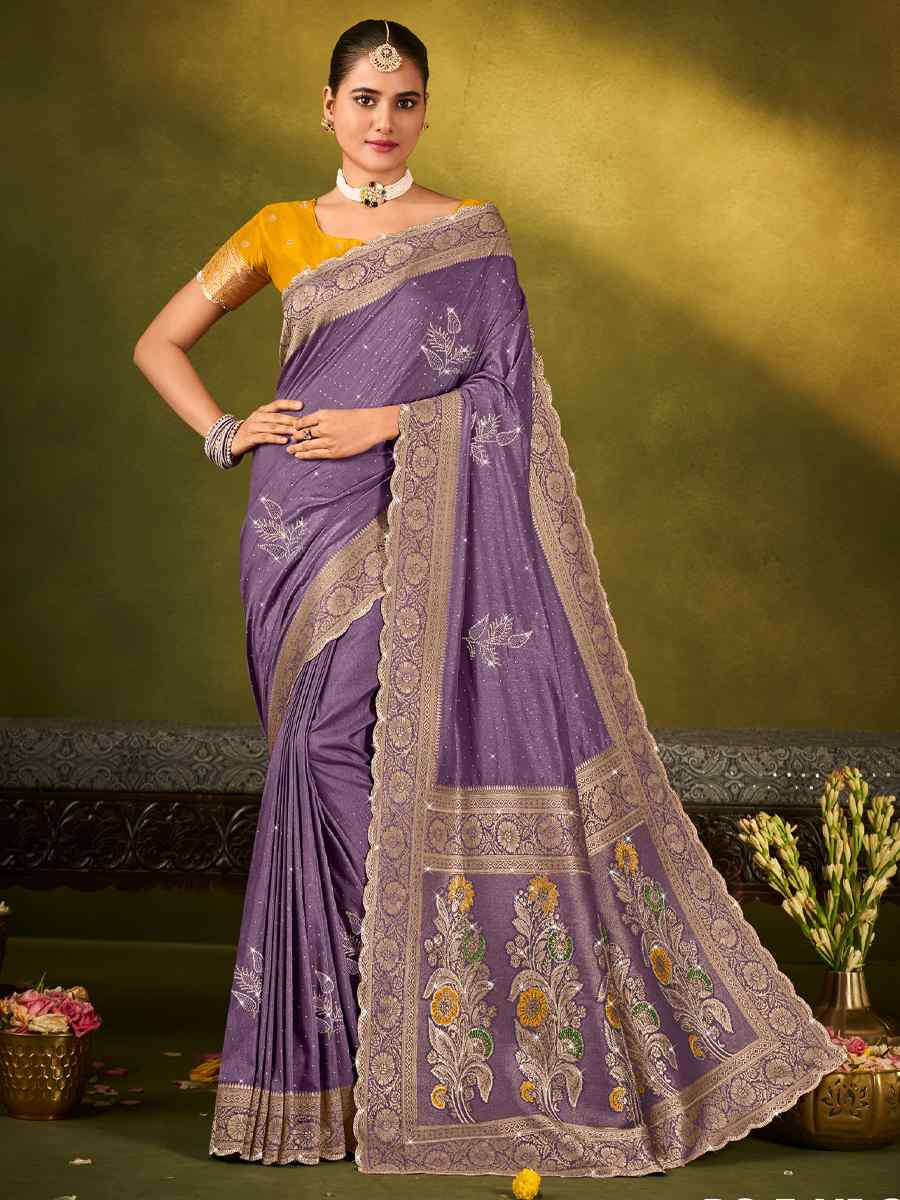 Lavender Silk Handwoven Bridal Reception Festival Wedding Fancy Heavy Border Saree
