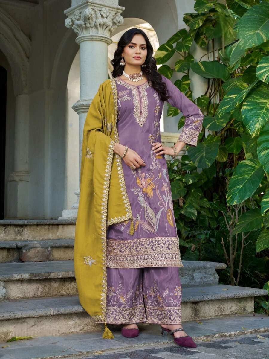 Lavender Simmer Embroidery Zari Sequins Wedding Party Festival Casual Ready Palazzo Pant Salwar Kameez
