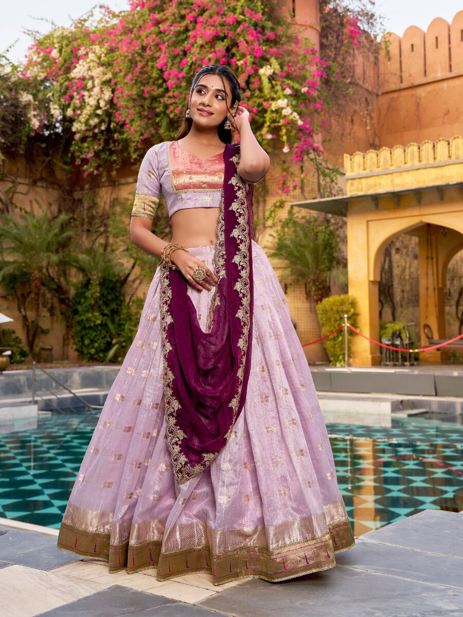 Lavender Slub Kota Silk Zari Weaving Work With Paithani Jacquard Border Wedding Reception Party Festival Heavy Border Lehenga Choli