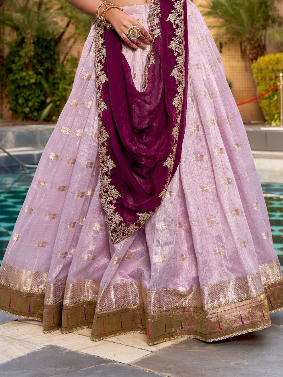Lavender Slub Kota Silk Zari Weaving Work With Paithani Jacquard Border Wedding Reception Party Festival Heavy Border Lehenga Choli