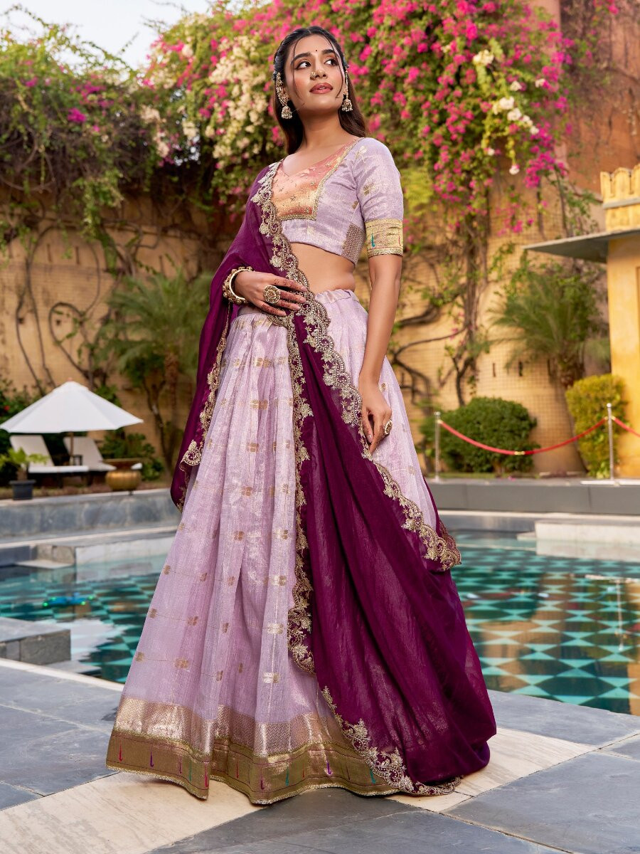 Lavender Slub Kota Silk Zari Weaving Work With Paithani Jacquard Border Wedding Reception Party Festival Heavy Border Lehenga Choli