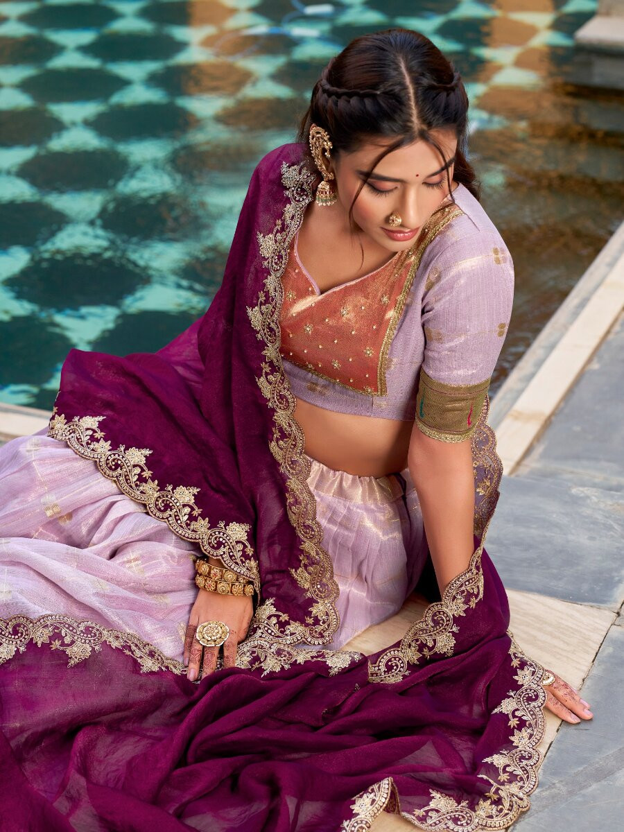 Lavender Slub Kota Silk Zari Weaving Work With Paithani Jacquard Border Wedding Reception Party Festival Heavy Border Lehenga Choli