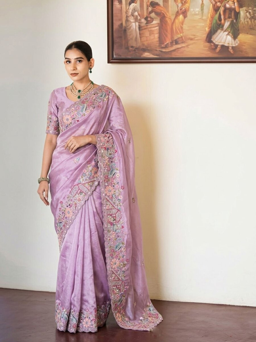 Lavender Slub Silk Embroidery With Cutwork Work Wedding Party Festival Casual Heavy Border Sarees