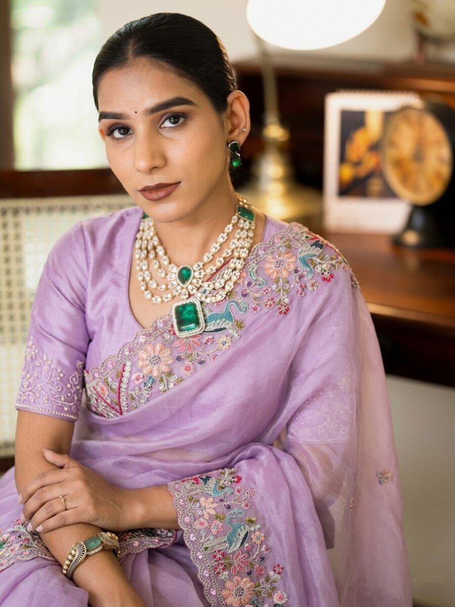 Lavender Slub Silk Embroidery With Cutwork Work Wedding Party Festival Casual Heavy Border Sarees