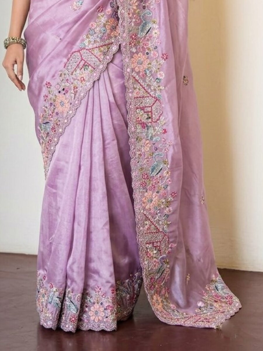 Lavender Slub Silk Embroidery With Cutwork Work Wedding Party Festival Casual Heavy Border Sarees