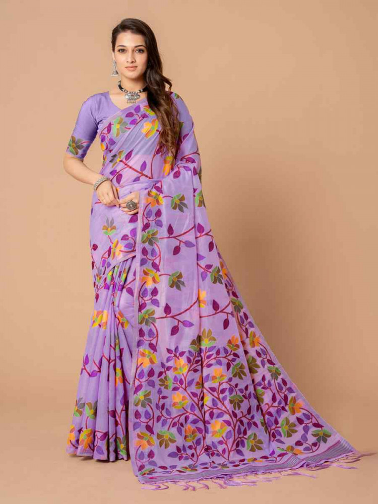 Lavender Soft Cotton Printed Festival Wedding Fancy Casual Contemporary Saree