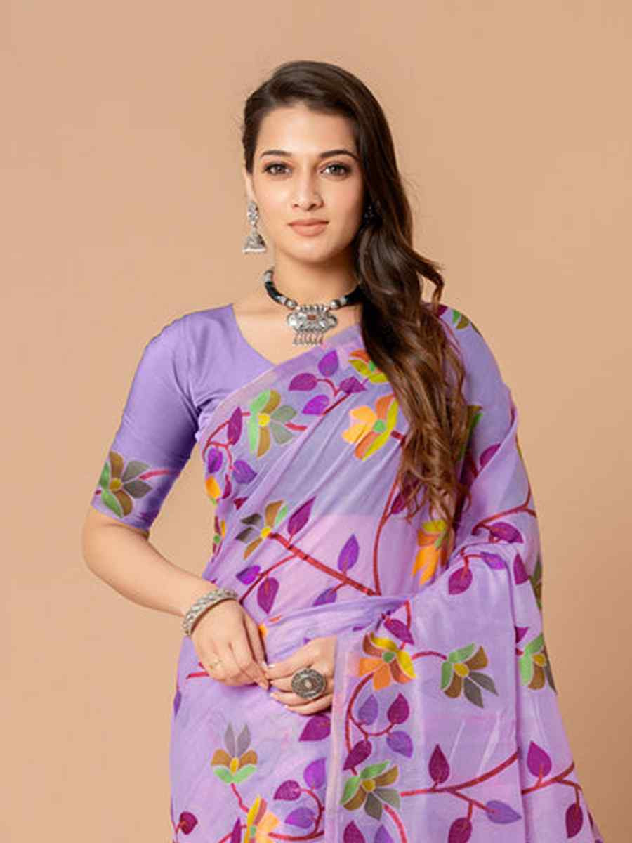 Lavender Soft Cotton Printed Festival Wedding Fancy Casual Contemporary Saree