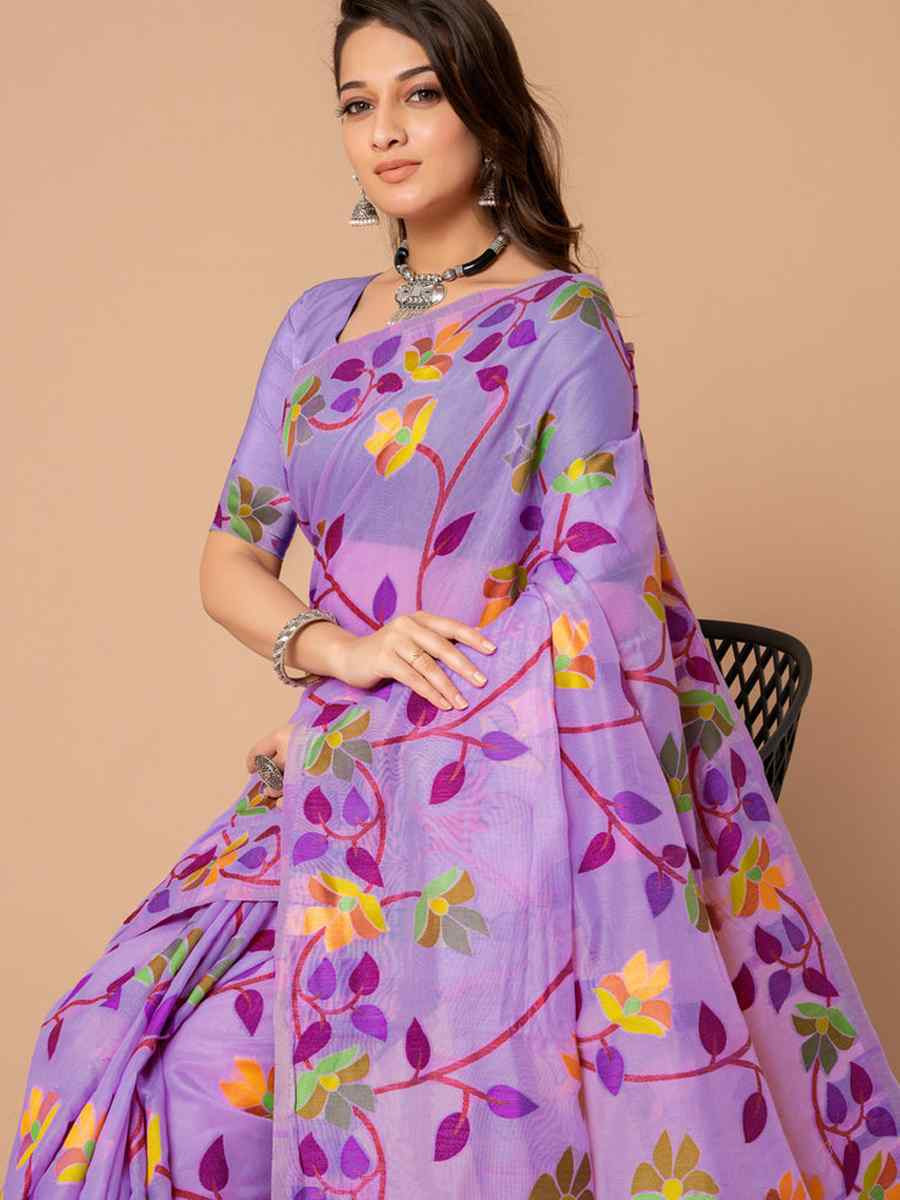 Lavender Soft Cotton Printed Festival Wedding Fancy Casual Contemporary Saree