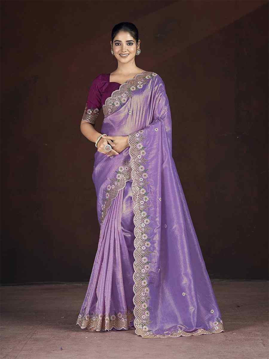Lavender Soft Gold Crush Embroidered Festival Wedding Fancy Heavy Border Saree