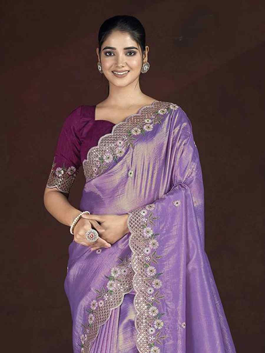 Lavender Soft Gold Crush Embroidered Festival Wedding Fancy Heavy Border Saree
