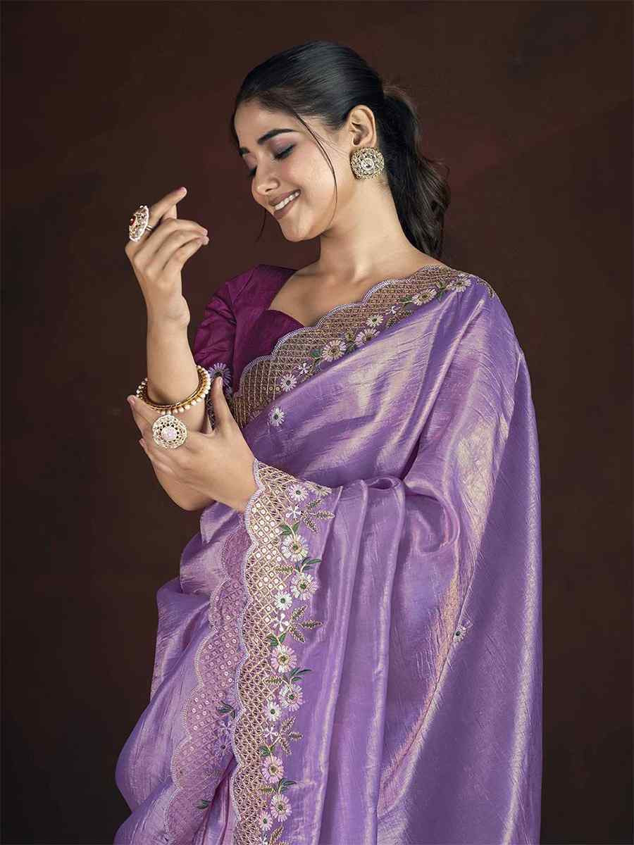 Lavender Soft Gold Crush Embroidered Festival Wedding Fancy Heavy Border Saree