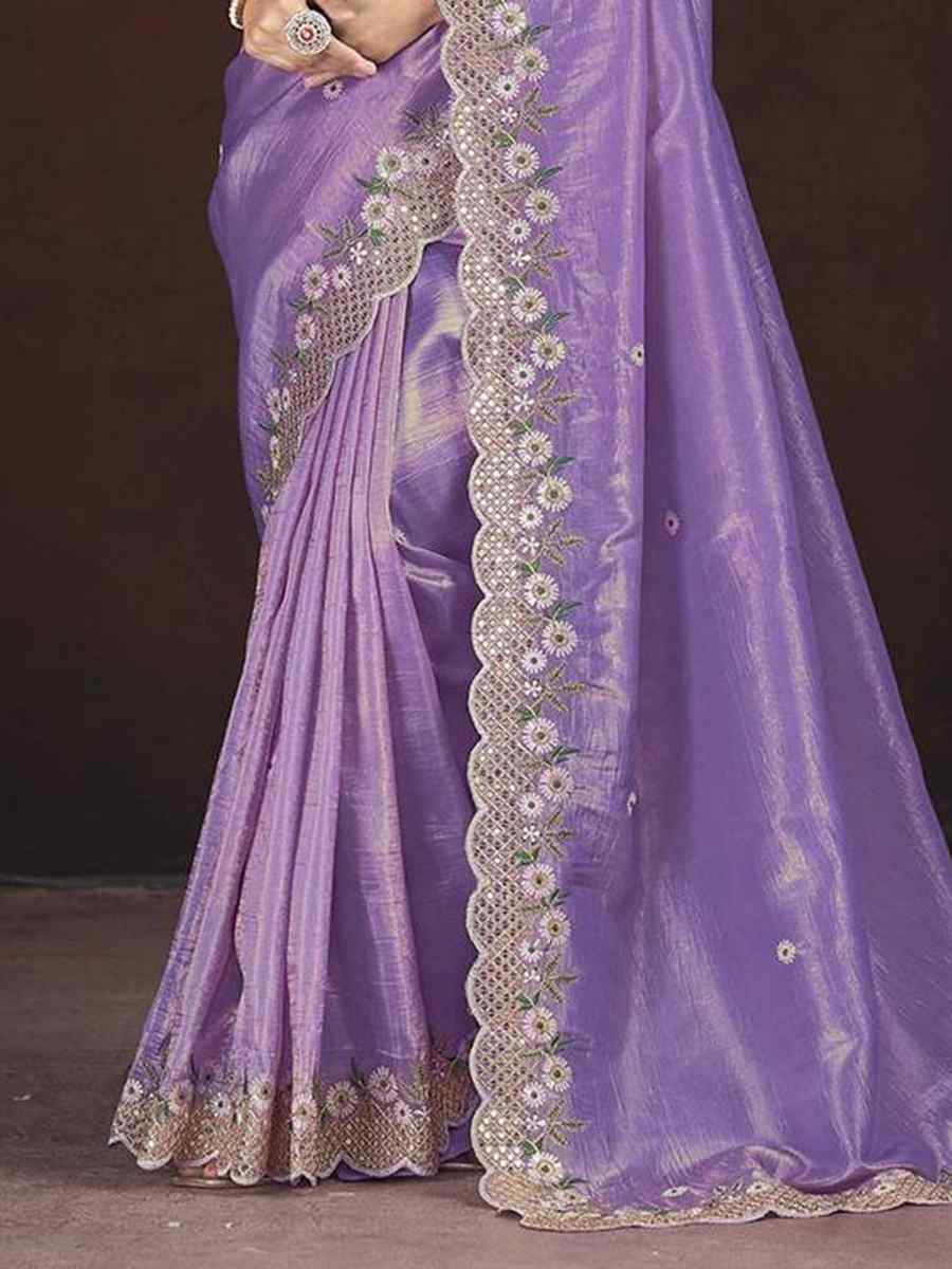 Lavender Soft Gold Crush Embroidered Festival Wedding Fancy Heavy Border Saree