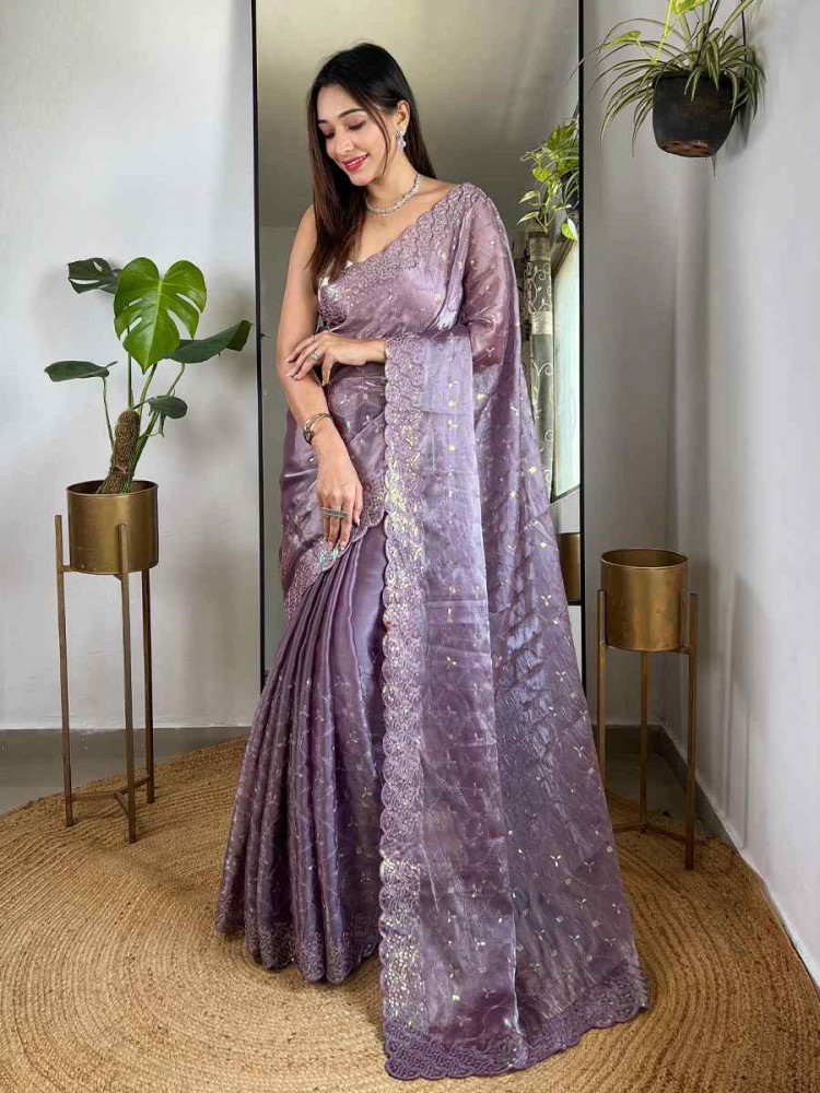Lavender Soft Jimmy Choo Silk Embroidered Festival Wedding Fancy Heavy Border Saree