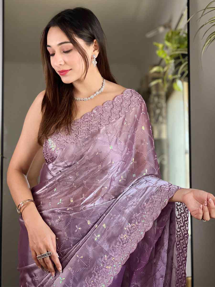 Lavender Soft Jimmy Choo Silk Embroidered Festival Wedding Fancy Heavy Border Saree