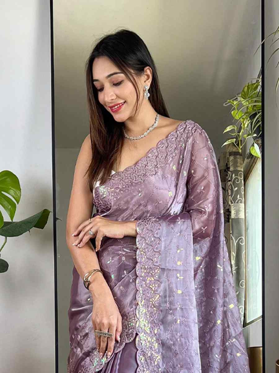 Lavender Soft Jimmy Choo Silk Embroidered Festival Wedding Fancy Heavy Border Saree